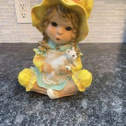 Vintage Statue Of Little Girl In Bonnet Yellow Holding A Cat