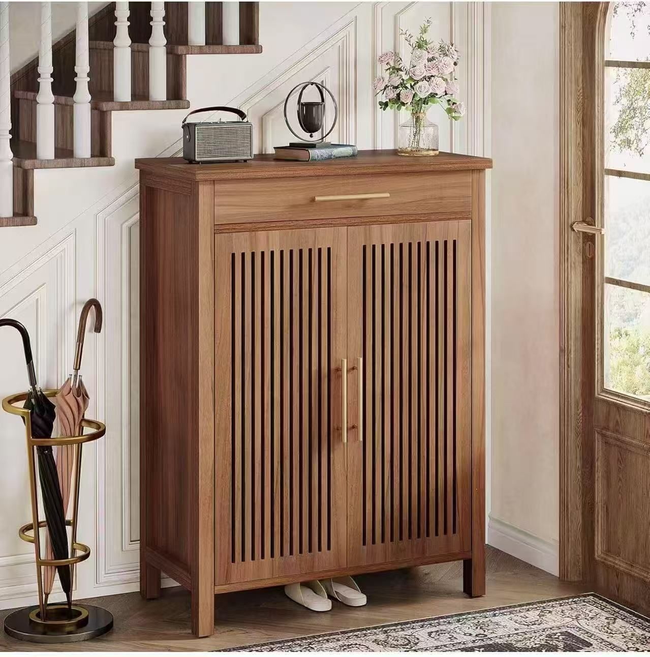 New Assembled Shoe Cabinet, 5-Tier Shoe Storage Cabinet with Louvered Doors and Drawer, Freestanding Wooden Shoe Rack Organizer with Adjustable Shelve