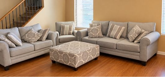 Gray Fabric Living Room Set with Ottoman