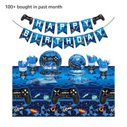 172 Pieces Video Game Party Decoration Set Game Happy Birthday Banner Gamer Party Supplies Plastic Tablecloth Paper Plates Tableware for Boy Girl P