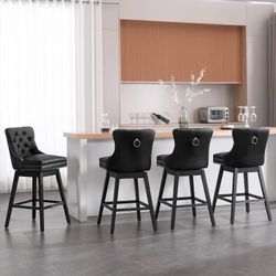 Set of 4, 30in” Black Faux Leather Barstools, Swivel 4pc