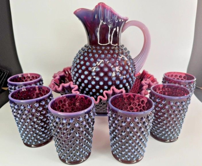 Fenton Plum Opalescent Hobnail Bowl & Ice Lip Pitcher with 6 Tumblers (Rare)