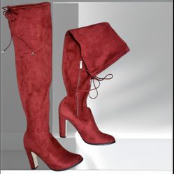 Rusty Burnt Red Vegan Suede Over-the-Knee Thigh High Boots with Block Heel Size 8 