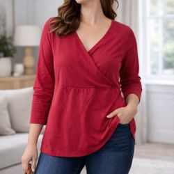 Eddie Bauer Red Faux Wrap V-Neck Long Sleeve Top XL