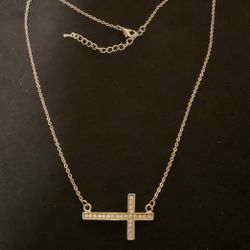 16” SilverTone Necklace With Attached Cross Pendant With Rhinestones 