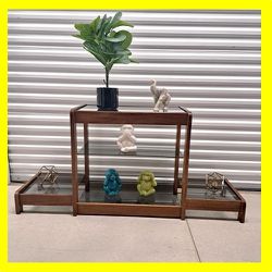CONSOLE TABLE – 1960’s Vintage MCM Walnut Frame & Smoked Glass  Etagere - Display Shelf – Bookcase 