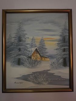 Signed Winter Cabin Oil Painting Gold Frame