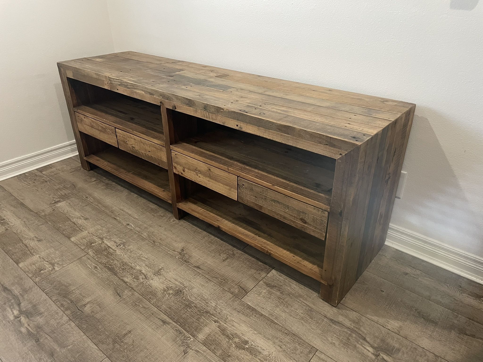West Elm Reclaimed Wood tv stand console table with 4 shelves (70" x 19" x 26"). In Excellent Condition.
