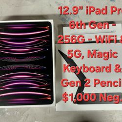 New 12.9 IPad Pro. 256Gig - Gen 6 Wi-Fi & 5G Cellular with Magic Keyboard and pencil