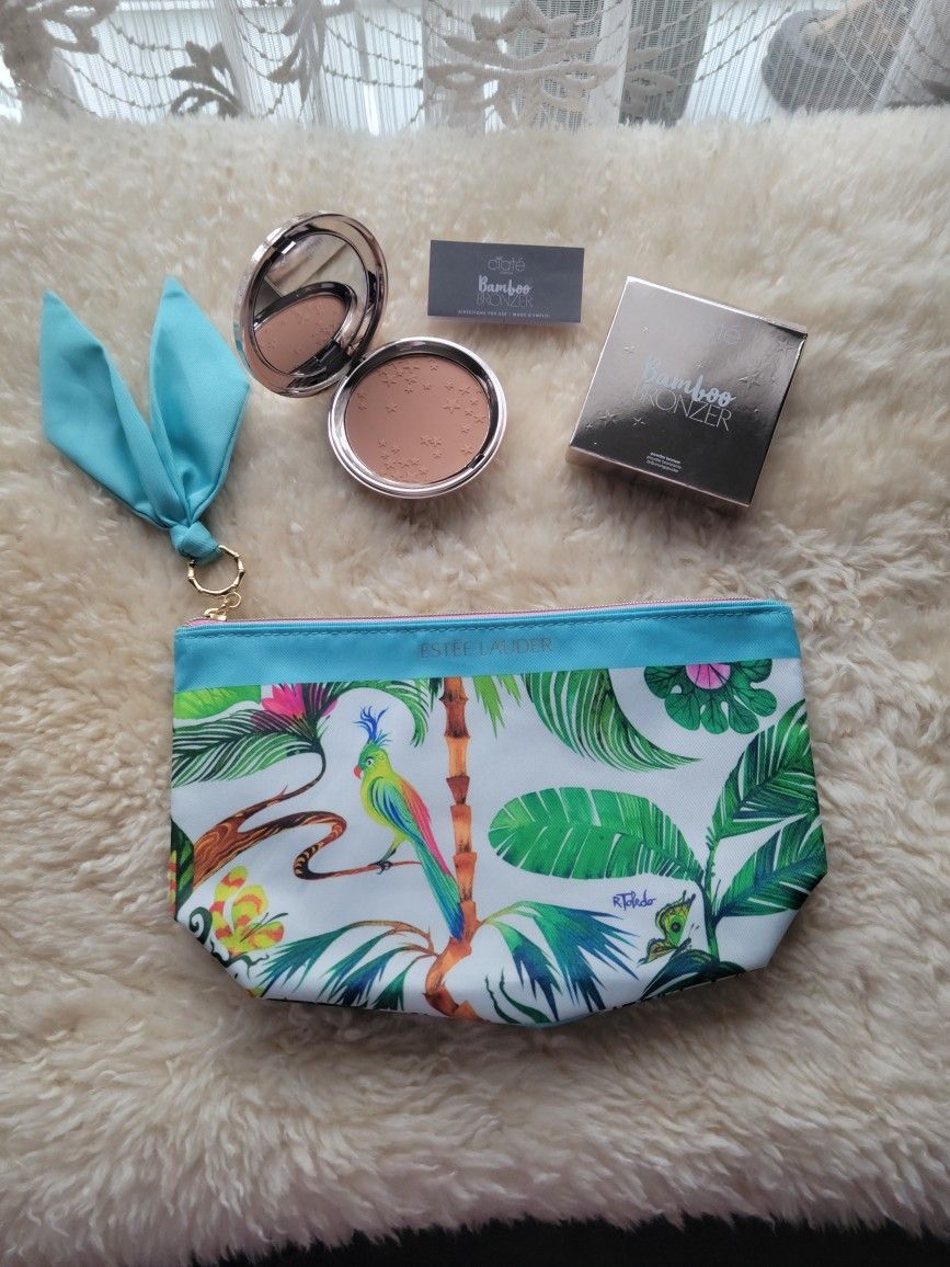 NIB CIATÉ LONDON PALM ISLAND BRONZER POWDER w/ESTĒE LAUDER MAKEUP TOTE BAG +6 HIGH-END FREEBIES 