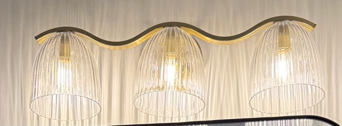 Modern 3-Light Brass Vanity Light with Ribbed Glass – 2 Available