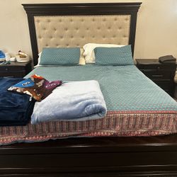 cal king bed  2 nightstands  and mirror