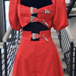 New Bold Red Matching  Two Piece Set With High-waisted Shorts Size XS/S