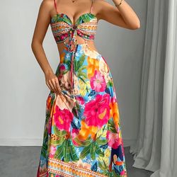 Sexy Floral Summer Spegatti Strap Dress With Back Out 