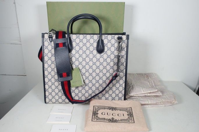 Gucci GG Canvas Medium Blue Beige Tote Bag Interlocking g