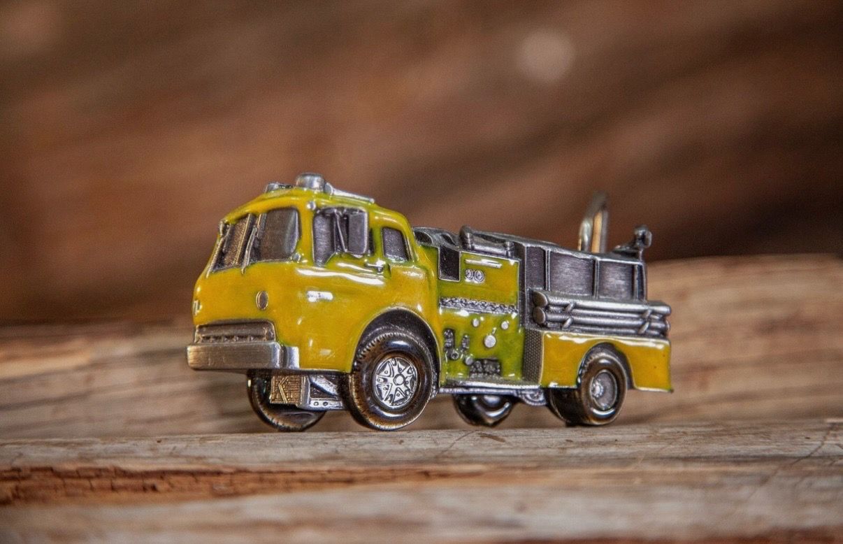 Vintage 1979 - Bergamot Brass Works - ENAMELED YELLOW FIRE TRUCK - BELT BUCKLE