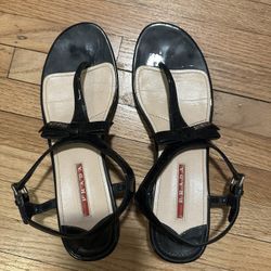 Prada Black Patent leather bow tie logo low heel wedge EU 38.5 