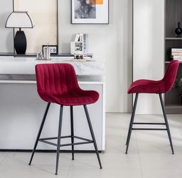 2 Velvet Fabric Upholstered Bar Stools  for Kitchen Island (Burgundy