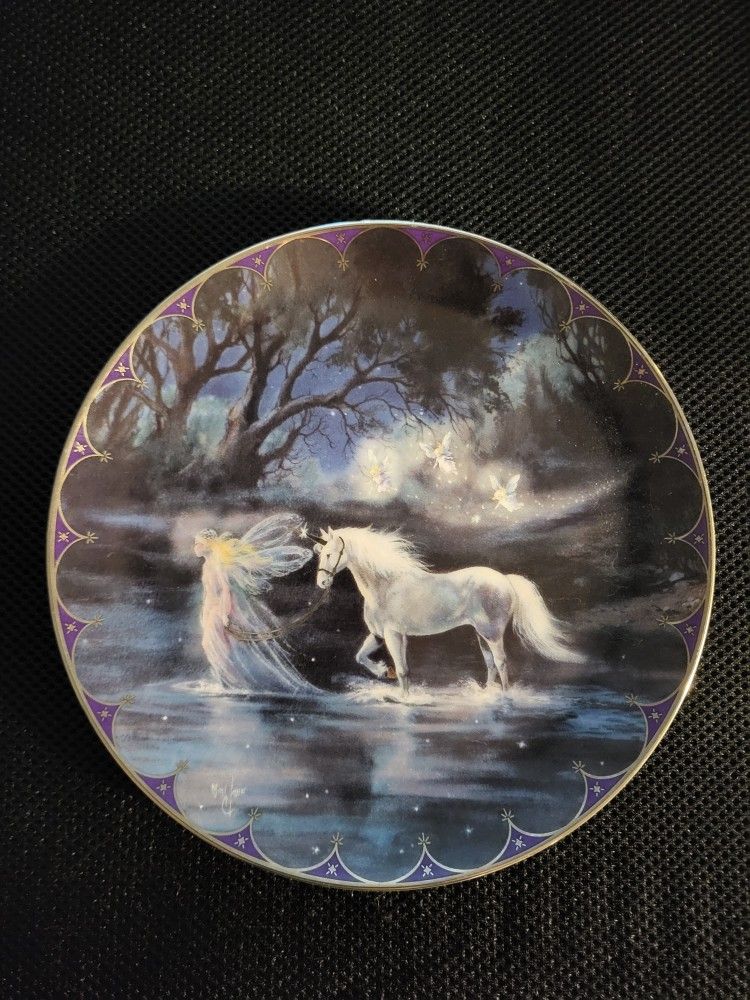 Mint Condition 1994 "Trails Of Starlight" Mimi Jobe 1st Issue Fairytale Collection Bradford Exchange Plate Featuring Fairy And Unicorn Accented Silver