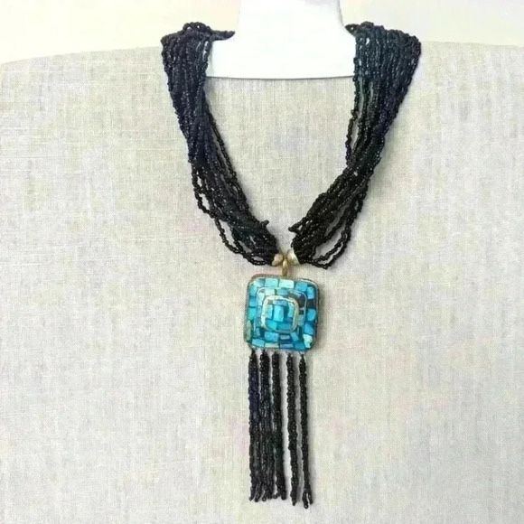 Tibetan Ethnic Black Glass Beads Necklace with Aqua Pendant & Bracelet Set- New