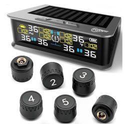 RV Tire Pressure Monitoring System, TPMS with 6 Sensors & 6 Alarm Modes, 0-144 PSI ±1.5PSI, Solar/USB Charging for Dually Trucks & Heavy-Duty Trailers