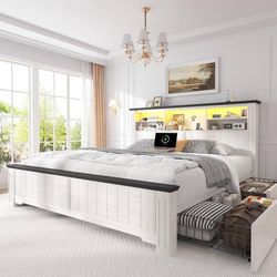 0952Queen Bed Frame with Headboard and Storage, 4 Drawers & LED & USB Bed Frame Queen Size with Storage Farmhouse, Built in Charging Station,NO Noise,