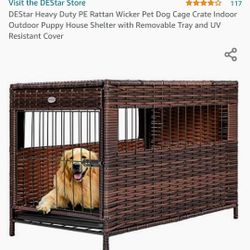 DEStar Heavy Duty PE Rattan Wicker Pet Dog Cage Crate Indoor Outdoor Puppy House Shelter with Removable Tray and UV Resistant Cover

