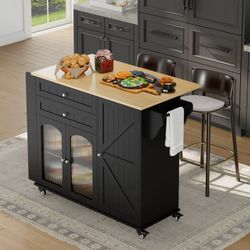 43.3" Portable Kitchen Island Cart with Drop Leaf, 3-Doors 2-Drawers Wood Rolling Storage Cart with Spice Rack and Lockable Wheels, Black