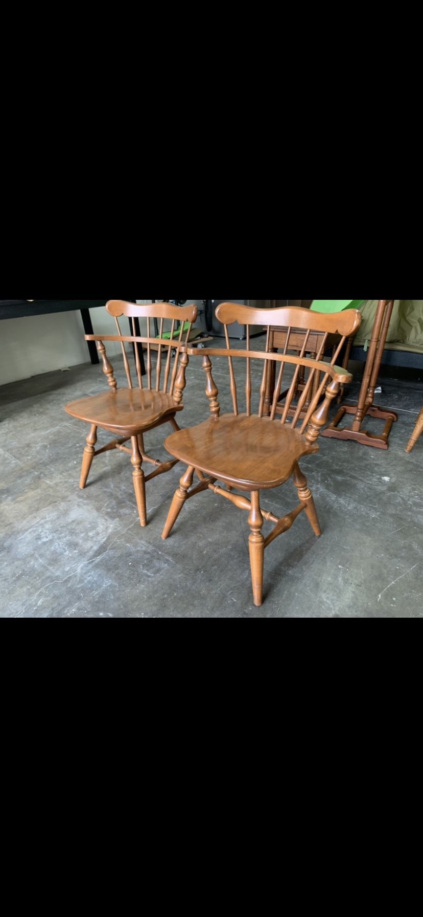 Vintage Ethan Allen Solid Maple Wood Nutmeg Heirloom Comb Back Swivel Mates Chair Set of 2