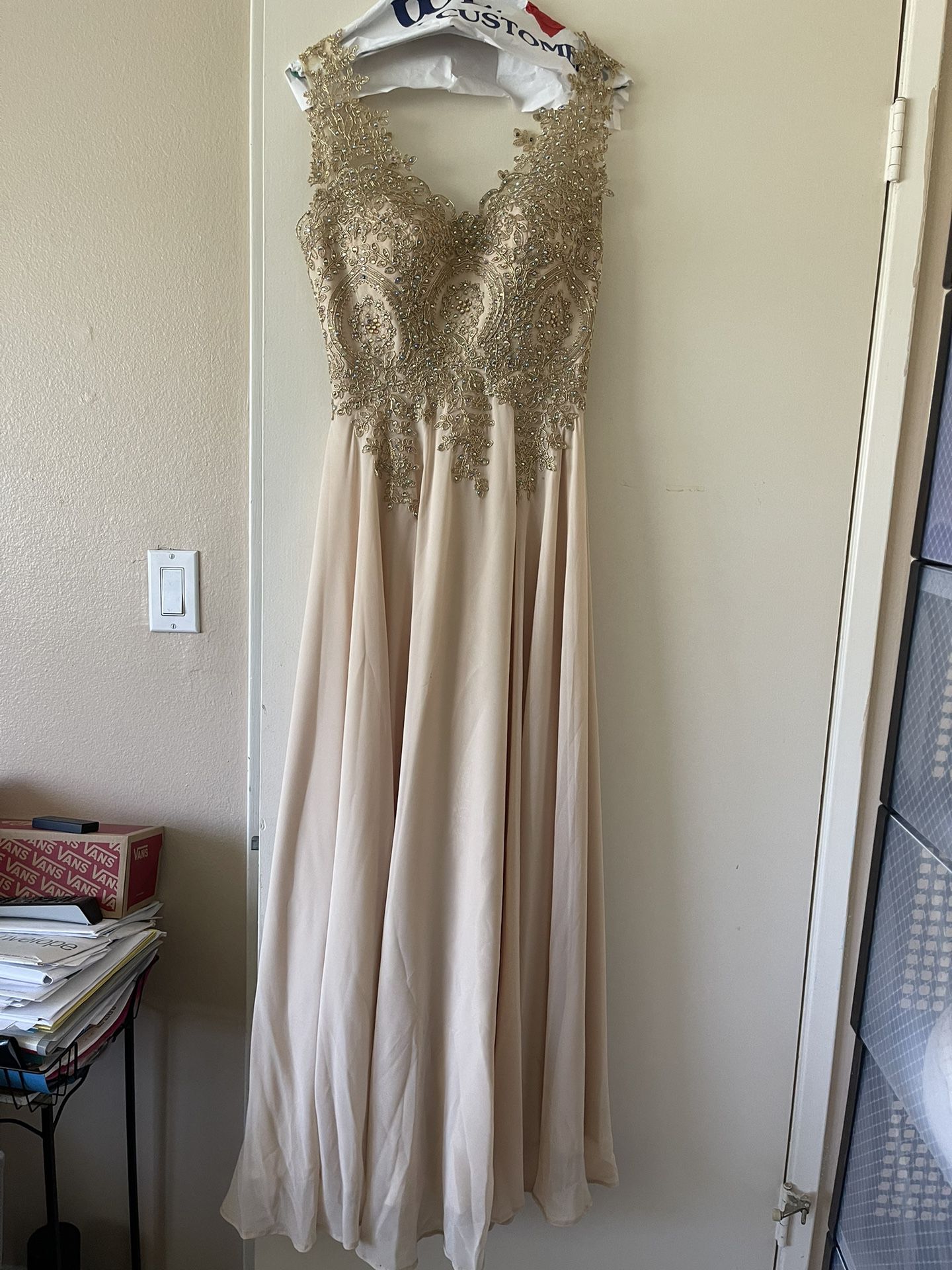 Champagne Bedazzled Prom Dress