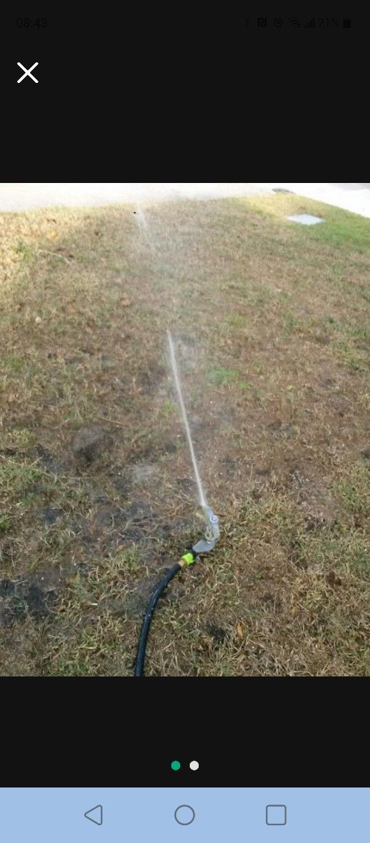 Heavy duty Above ground sprinkler system, like new. This sprinkler system can cover a 50 ft diameter of yard. Its adjustable by angles, pressure, ele