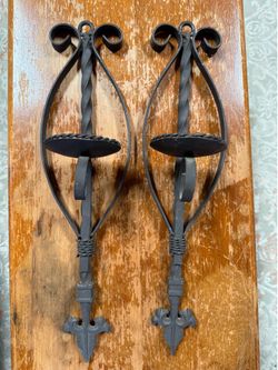 Vintage Wrought Iron Wall Candle Sconces – Pair – Fleur-de-Lis Design