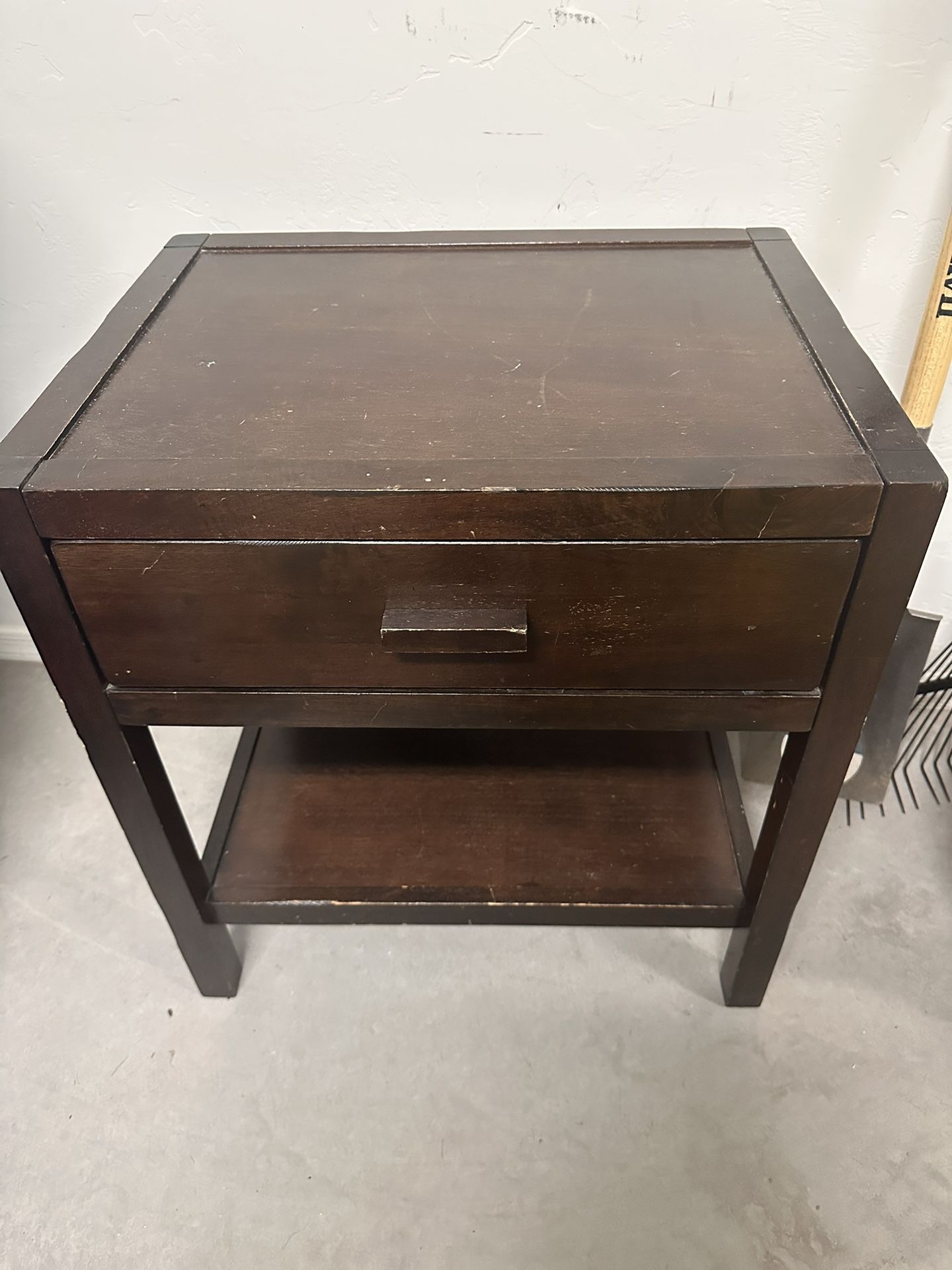 Dark Wood End Table with Drawer – $10