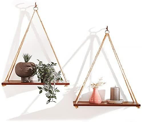 Adjustable Hanging Shelf, Wall Hanging Decor Set of 2, Lightweight, Premium Wooden Shelf from Bamboo, Hanging Plant Shelf 

