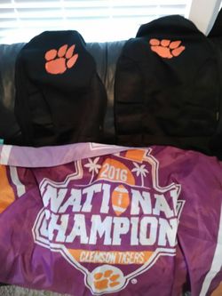 CLEMSON TRUCK SEAT COVERS & CLEMSON FLAG. BOTH BRAND NEW