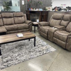 2pc Sofa + Love Seat - Brown Reclining Sofa Set