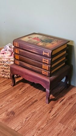 20th Century Faux Books Table With Portrait Painting and Lift-Top Storage