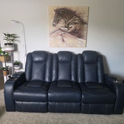Navy Blue Leather Power Recliner Sofa