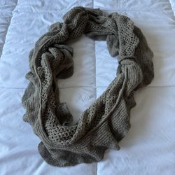 Taupe Metallic Knit Infinity Scarf with Ruffled Edge
