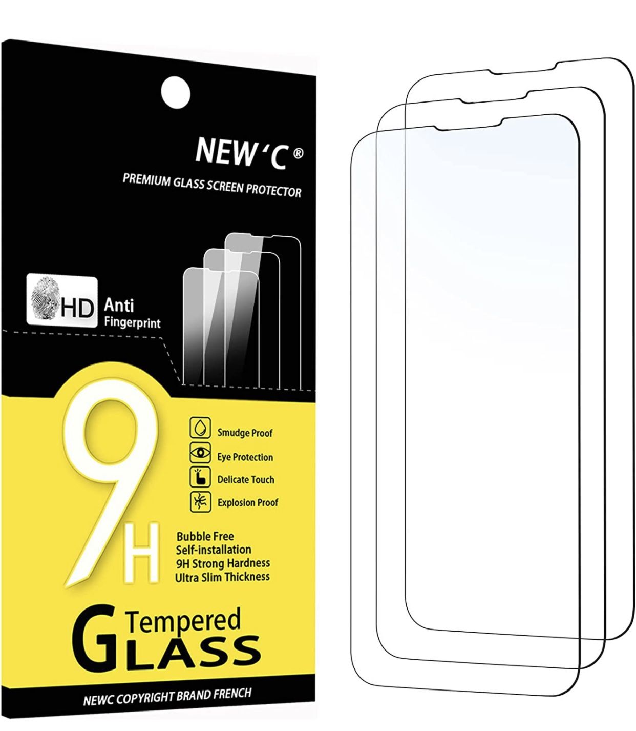 Pack of 3, Glass Screen Protector for iPhone 14, 13, 13 Pro (6,1"), Anti-Scratch, Anti-Fingerprints, Bubble-Free, 9H Hardness, 0.33mm Ultra Transparen