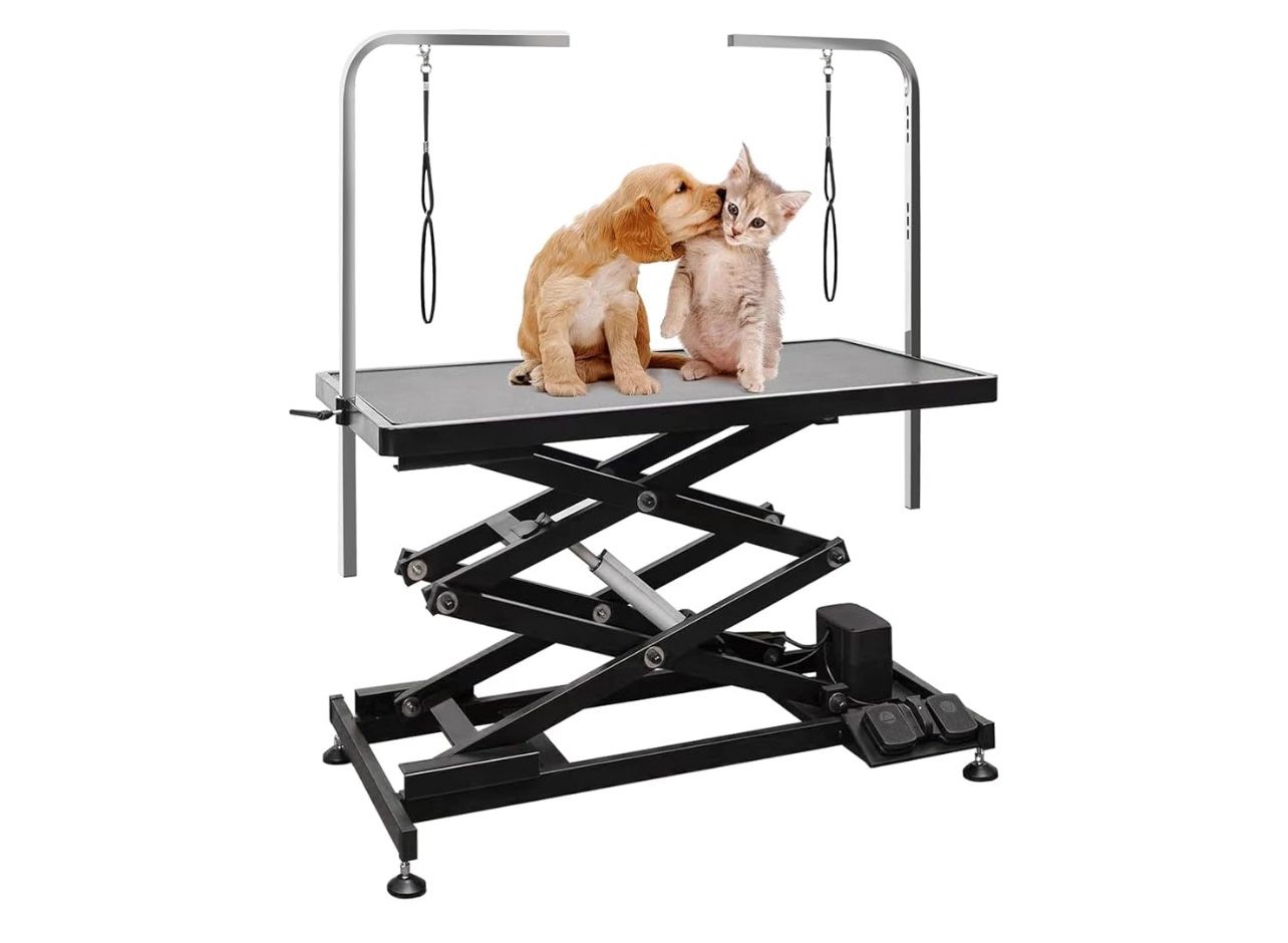 Electric Pet Dog Grooming Table, Heavy Duty Grooming Table Professional Double X-Lift for Large Dogs with Anti-Skid Non-Slip, Double Arms and Nooses,