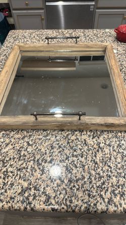 Wood Mirrored Decorative Tray with Metal Handles