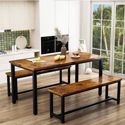 Rustic Dining Table Set with Two Benches