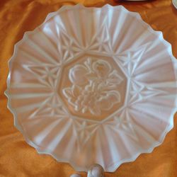 Vintage Frosted Satin Glass Ruffled Bowl - Embossed Fruit Pattern