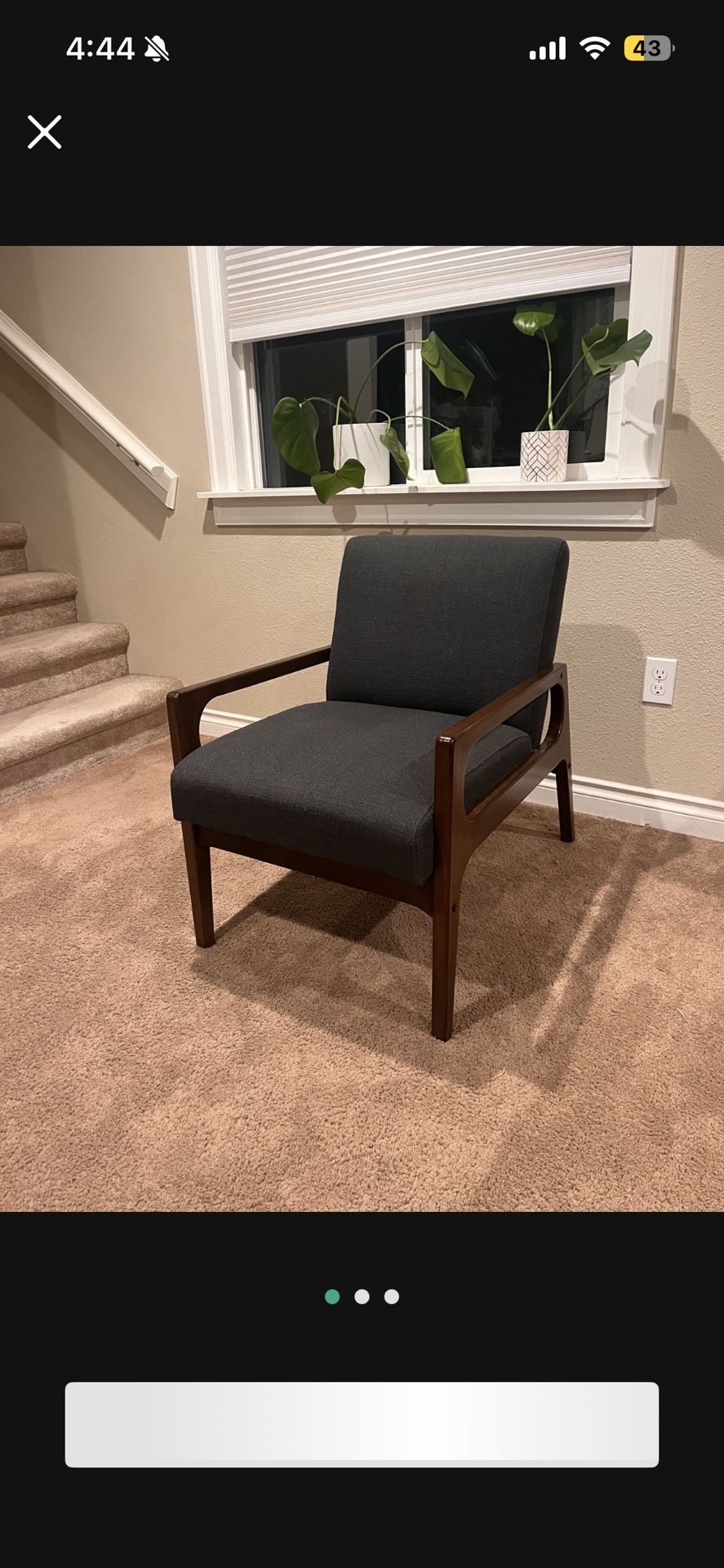 Mid Century Modern Chair, Walnut Tone With Dark Grey Fabric