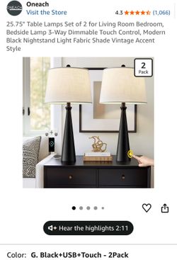 25.75" Table Lamps Set of 2 for Living Room Bedroom, Bedside Lamp 3-Way Dimmable Touch Control, Modern Black Nightstand Light Fabric Shade Vintage Acc