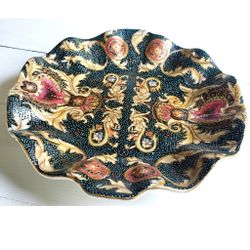 Vintage Asian Satsuma Ornate Gold Blue Pink Ruffle Bowl