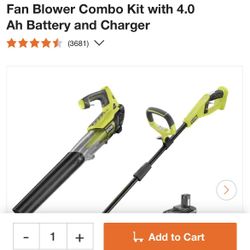 NEW IN BOX RYOBI ONE+ 18V Cordless Battery String Trimmer/Edger and Jet Fan Blower Combo Kit with 4.0 Ah Battery and Charger
