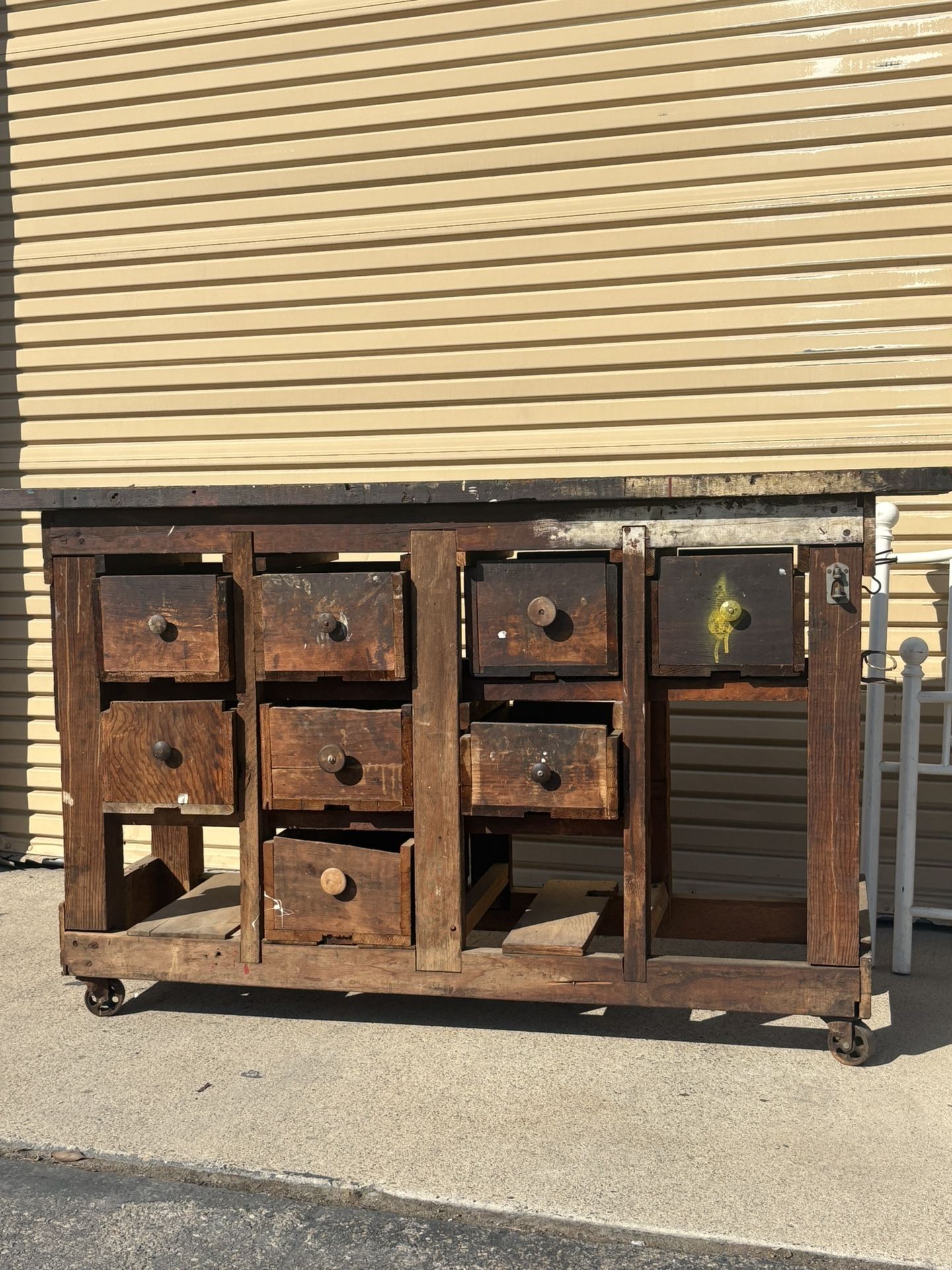 Antique Barn wood Work Bench With Castors  