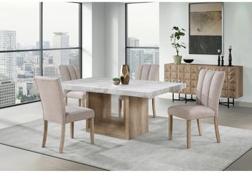 🌿 Elegant 5PC Faux Marble Dining Set W/ Natural Wood Base